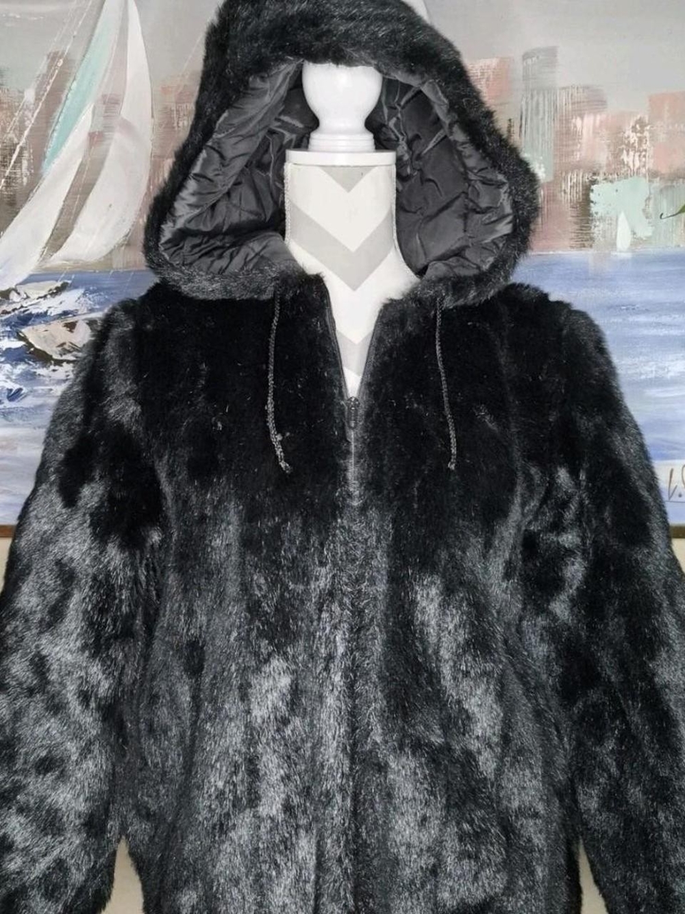 Vintage Womens Black Faux Fur Hooded Jacket Coat
